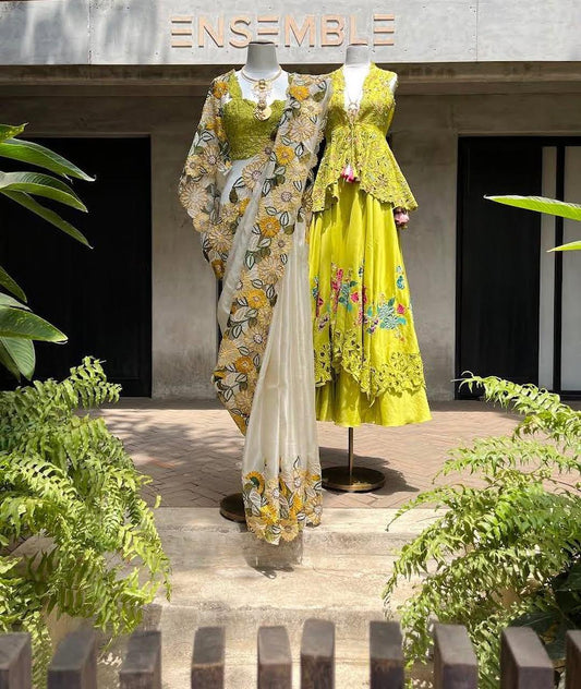 Khadi Organza With Beautiful Flowers Design In Multi Embroidery C Pallu Cut Work