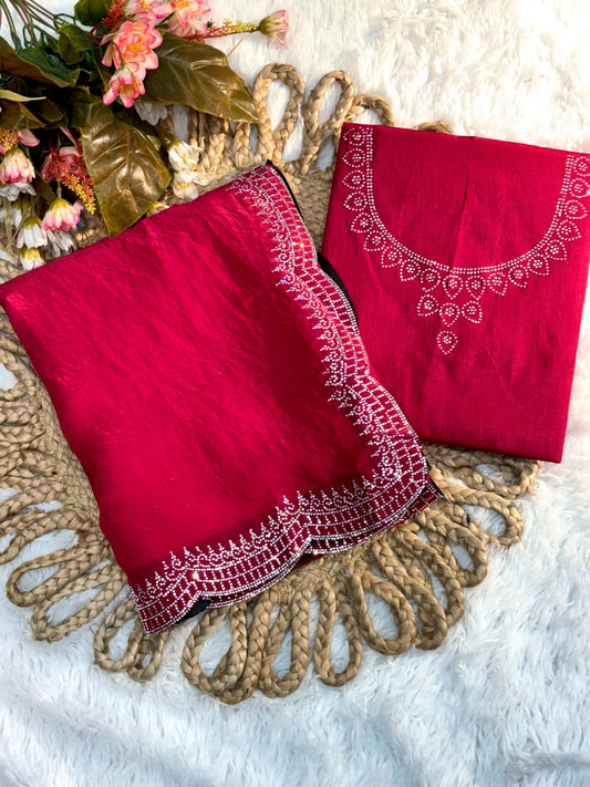 Pure Soft Burburry Silk With Beautiful Sirovski Diamonds Work In Border On All Over Saree