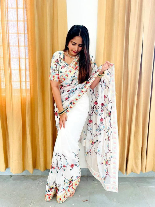 Multi Colour Embroidery Saree For Partywear