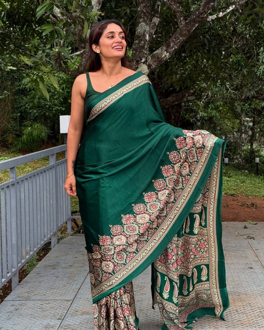 Green Ajrakh Printed Modal Silk Plain Saree With Ajrakh Blouse P6