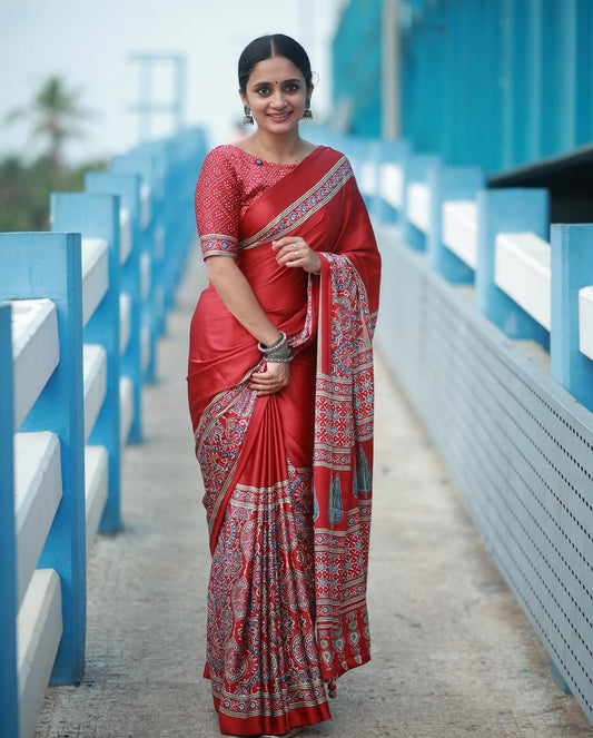 Red Ajrakh Primum Modal Silk Saree With Blouse