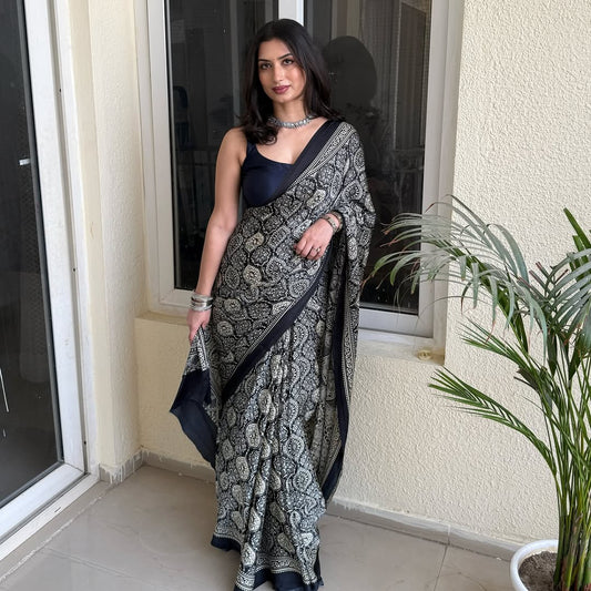 Ajrakh Printed Modal Silk Saree With Ajrakh Blouse