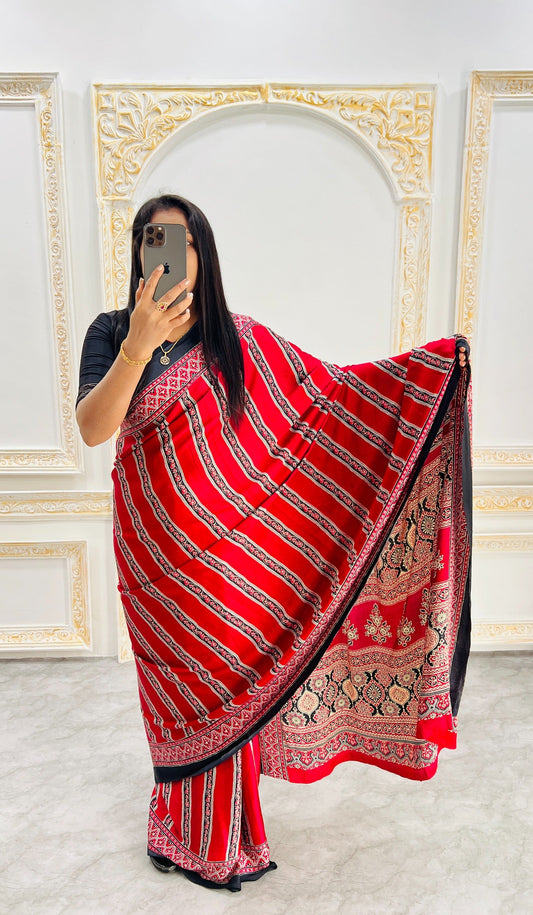 Ajrakh Printed Semi Gaji Silk Saree With Ajrakh Blouse