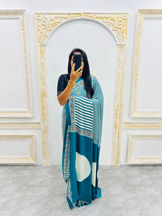 Ajrakh Printed Semi Gaji Silk Saree With Ajrakh Blouse