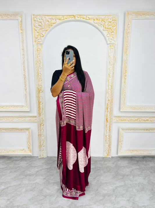 Ajrakh Printed Semi Gaji Silk Saree With Ajrakh Blouse