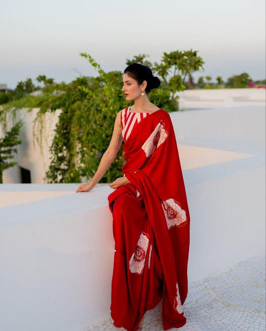 Red Ajrakh Primum Modal Silk Saree With Blouse