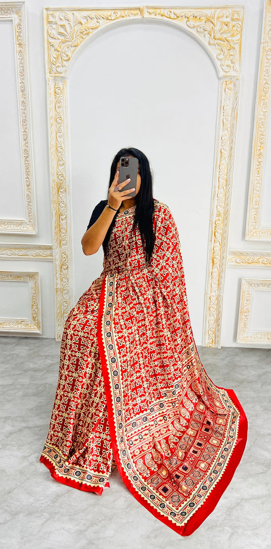 Red Ajrakh Primum Modal Silk Saree With Blouse