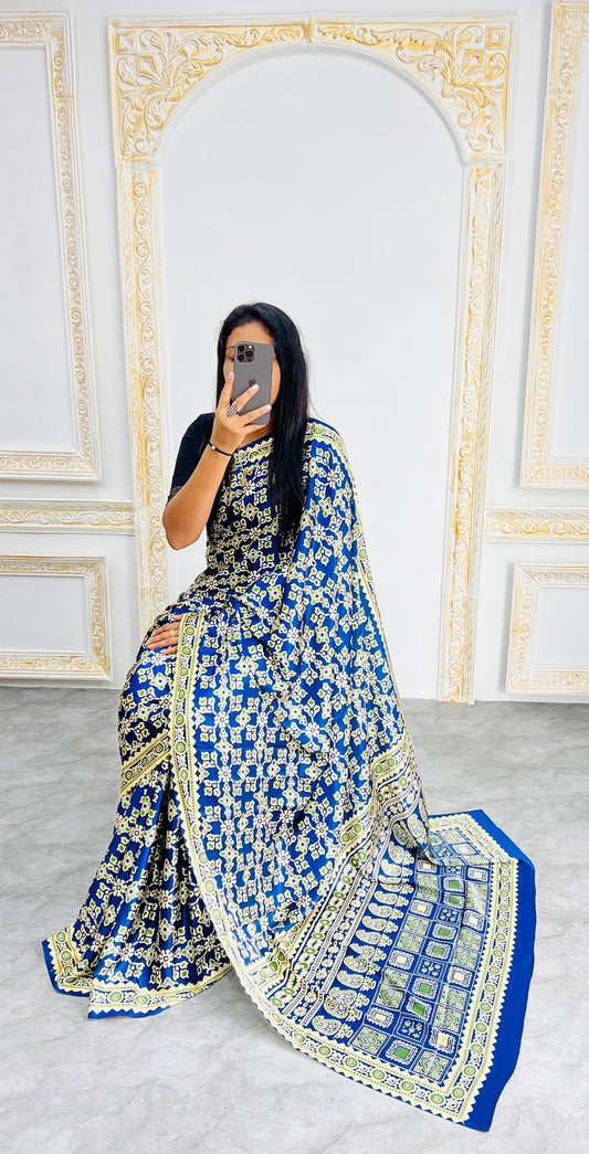 Blue Ajrakh Primum Modal Silk Saree With Blouse