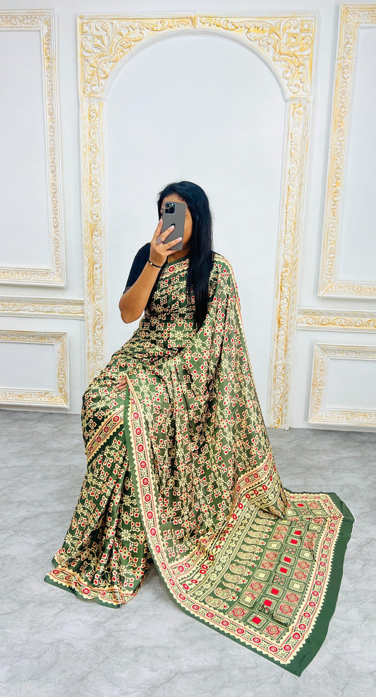 Dark Green Ajrakh Primum Modal Silk Saree With Blouse