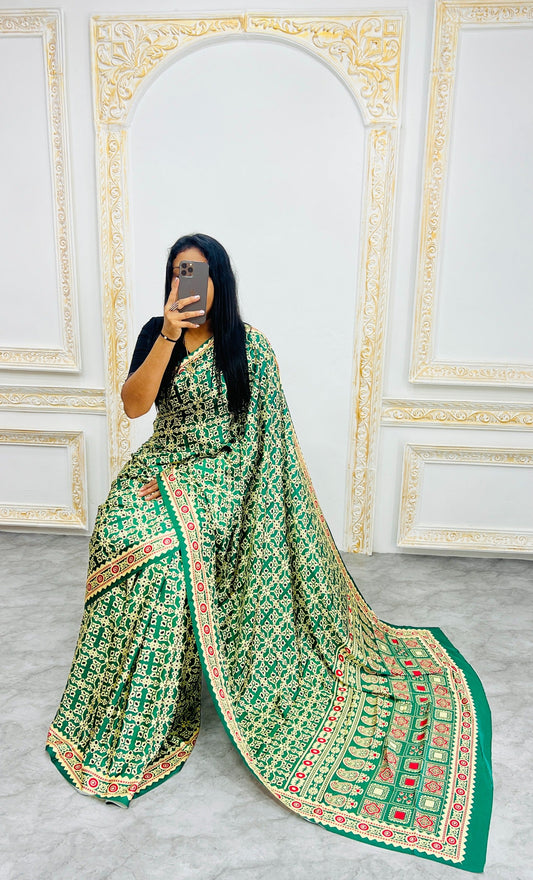 Green Ajrakh Primum Modal Silk Saree With Blouse