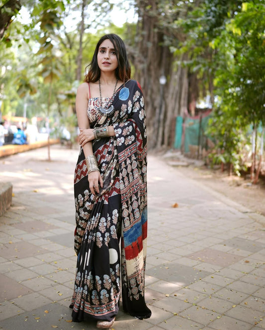 Ajrakh Primum Modal Silk Saree With Blouse