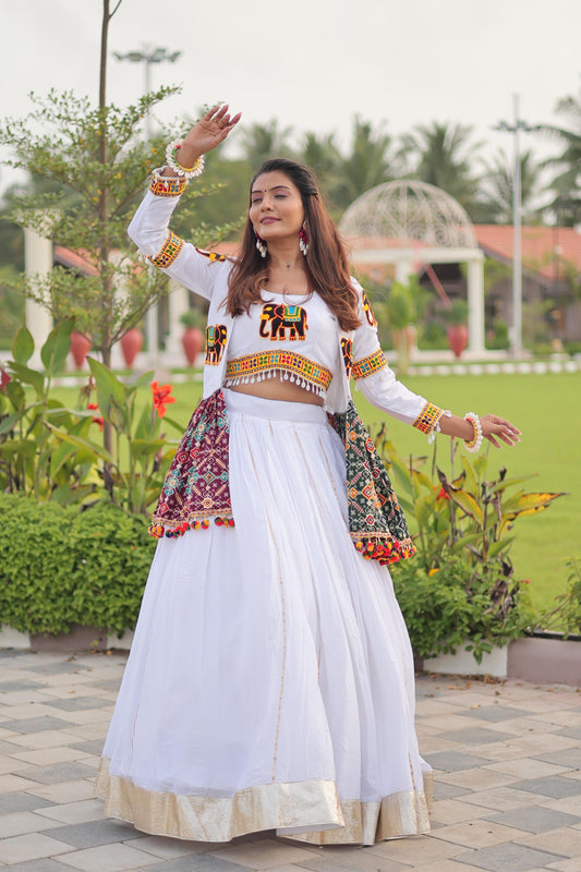 White Cotton Gamthi Work Navratri Lehenga with Koti and Kodi Lace Full Flare for Garba Nights