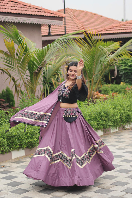 Violet Navratri Special Pure Cotton Ajarakh Work Lehenga Choli