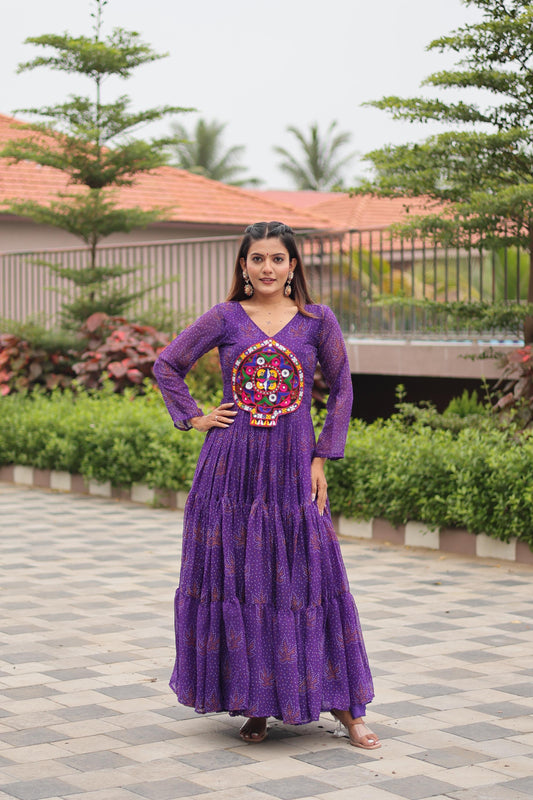 Purple Navratri Gown Faux Georgette with Heavy Gamathi Mirror Work Dandiya Nights