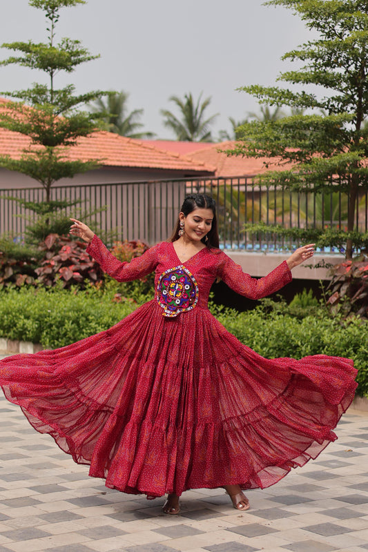 Red Navratri Gown Faux Georgette with Heavy Gamathi Mirror Work Dandiya Nights