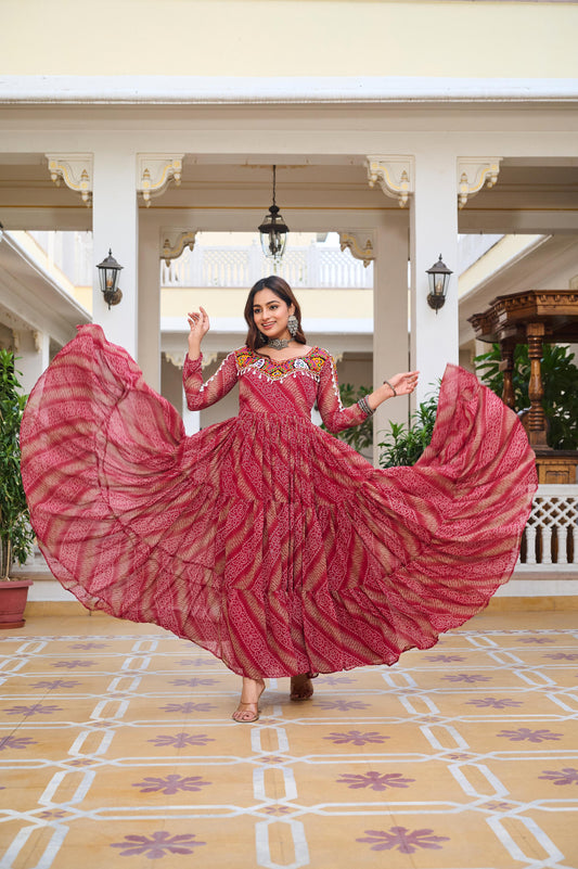 Maroon Georgette Bandhej Printed Kurti with Kachchi Work