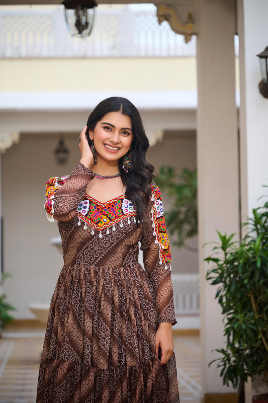 Brown Georgette Bandhej Printed Kurti with Kachchi Work