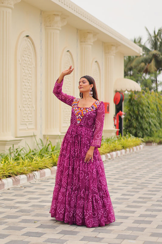 Navratri Special Georgette Tiered Gown in Purple