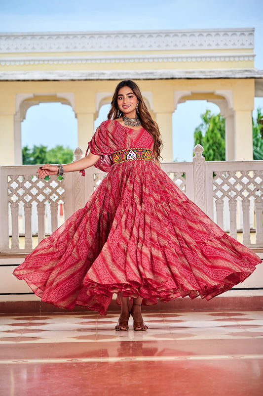 Maroon Navratri Dress With Big Flair Bandhani Print and Gamathi Real Mirror