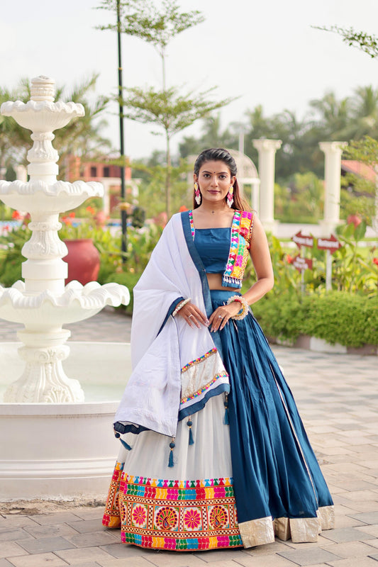 Navratri Collection Teal Blue Cotton Gamthi Work Lehenga Choli