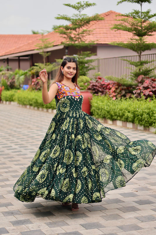 Green Celebrate The Spirit Of Navratri In This Vibrant Faux Georgette Gamthi Work Gowns