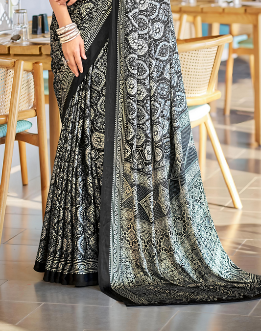 Vibrant Black Ajrakh Printed Soft Modal Silk Natural Print Saree P2