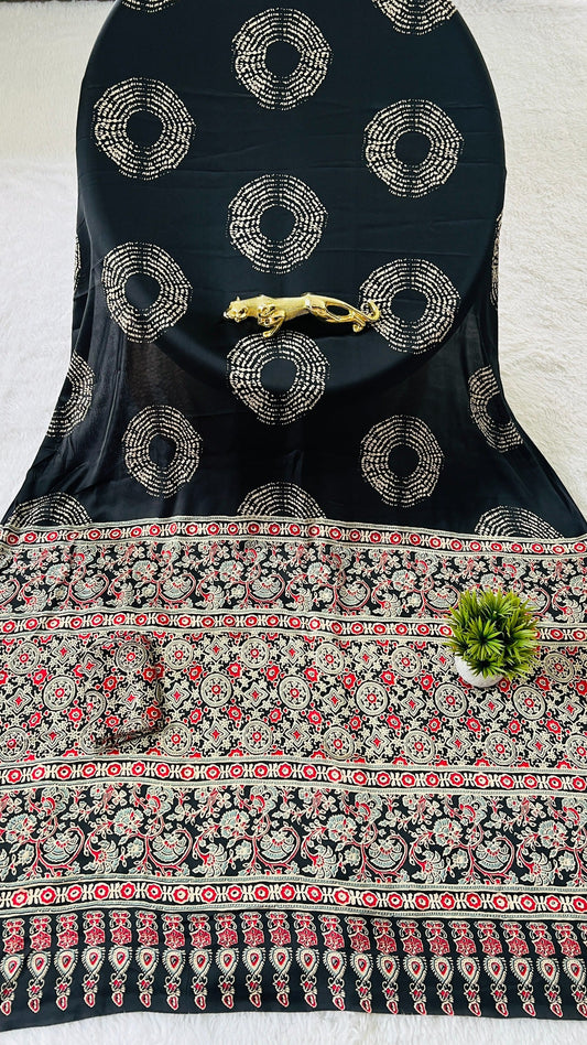 Beautiful Black Ajrakh Pure Gajji Silk Saree WIth Tasselk