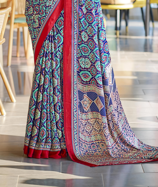 Vivid Blue Ajrakh Printed Soft Modal Silk Natural Print Saree