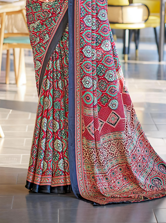 Luxurious Maroon Ajrakh Printed Soft Modal Silk Natural Print Saree P2
